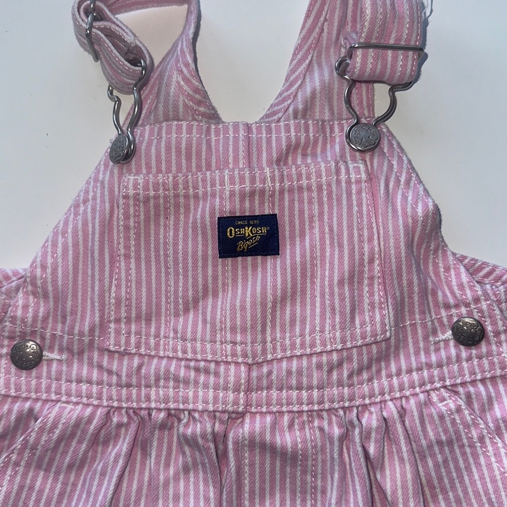 Oshkosh B’Gosh Pink Engineer Stripe Vintage Vestbak Shortalls 6-9m Shorts - Picture 2 of 6